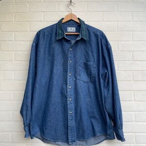 INC International Concepts Blue Denim Shirt with Plaid Collar vintage